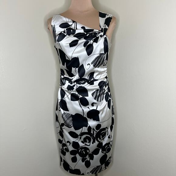 Maggy London Sheath Dress 8 Satin Black White Leaf Asymmetric Neck Cocktail Knee - Picture 1 of 9